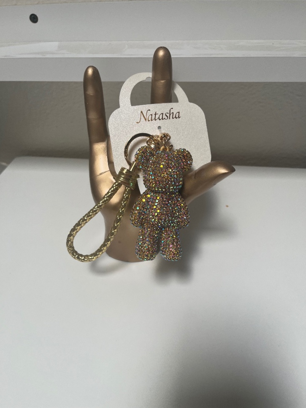 🧸 Natasha Rhinestone Teddy Bear Bag Charm Keychain – Iridescent Crystal